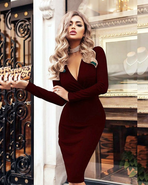 Load image into Gallery viewer, Women&#39;s Sexy Ribbed Sweater Dresses Bodycon V Neck Long Sleeve Midi
