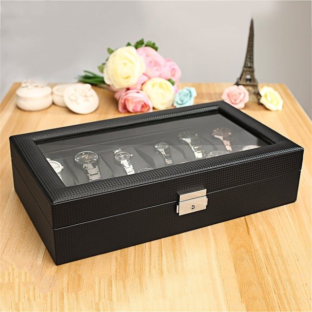 12 Slot Luxury Carbon Fiber Watch Box Black