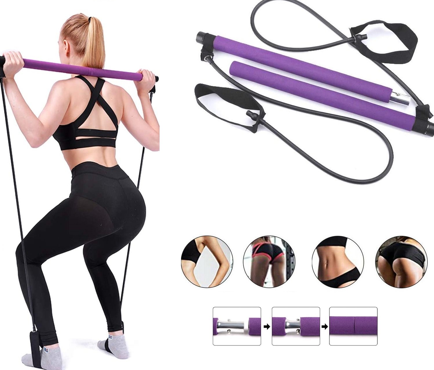 Adjustable Pilates Bar Kit Resistance Band Exercise Stick Toning Gym