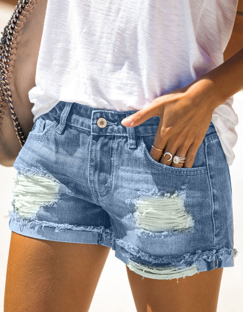 Load image into Gallery viewer, Women&#39;s Distressed Ripped Rolled Hem Blue Denim Shorts
