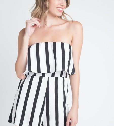 Women's Strapless Stripe Pocket Romper