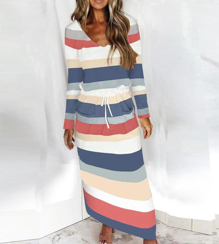 Women Casual Dress Spaghetti Long Sleeve Dress V Neck Splicing Dress